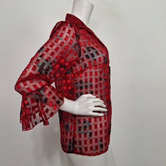 Notations Red Black Floral Romantic Academia Sheer Bell Sleeve Blouse Size M - Picture 4 of 12